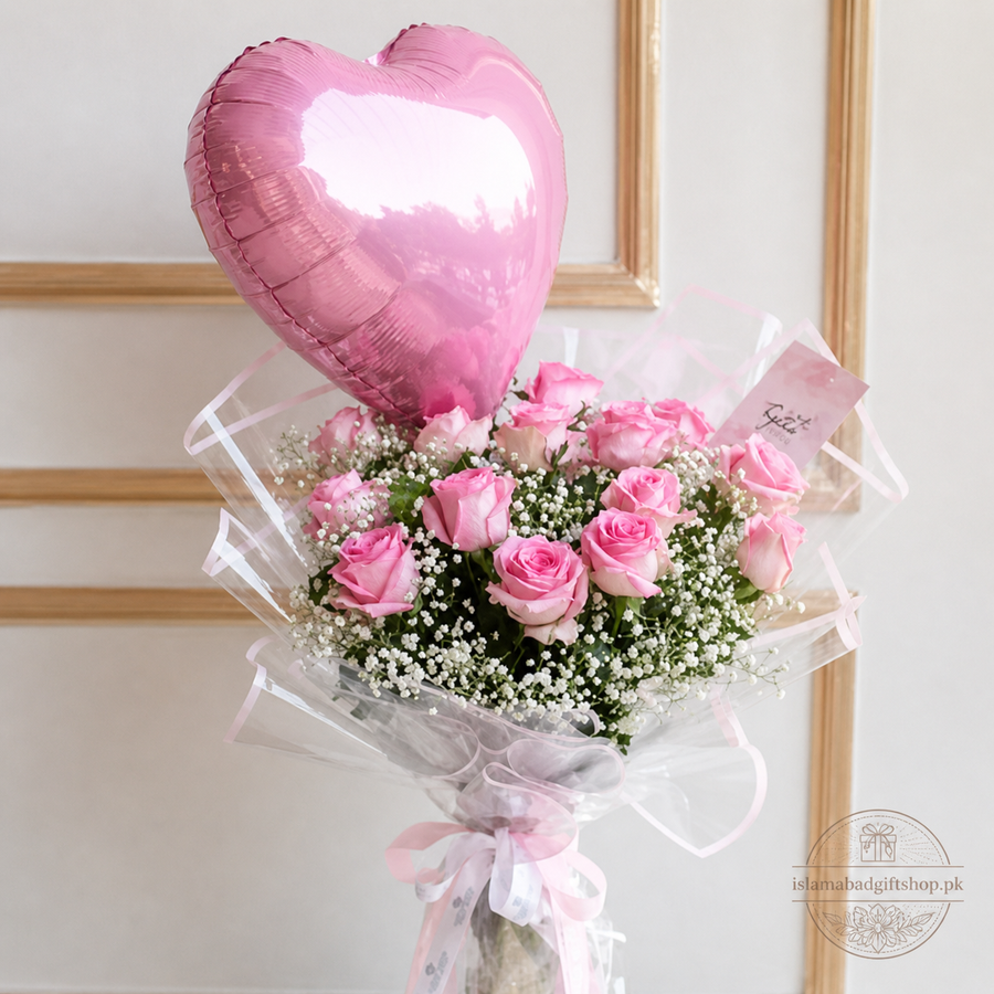 Pink Roses Bouquet with Heart Balloon
