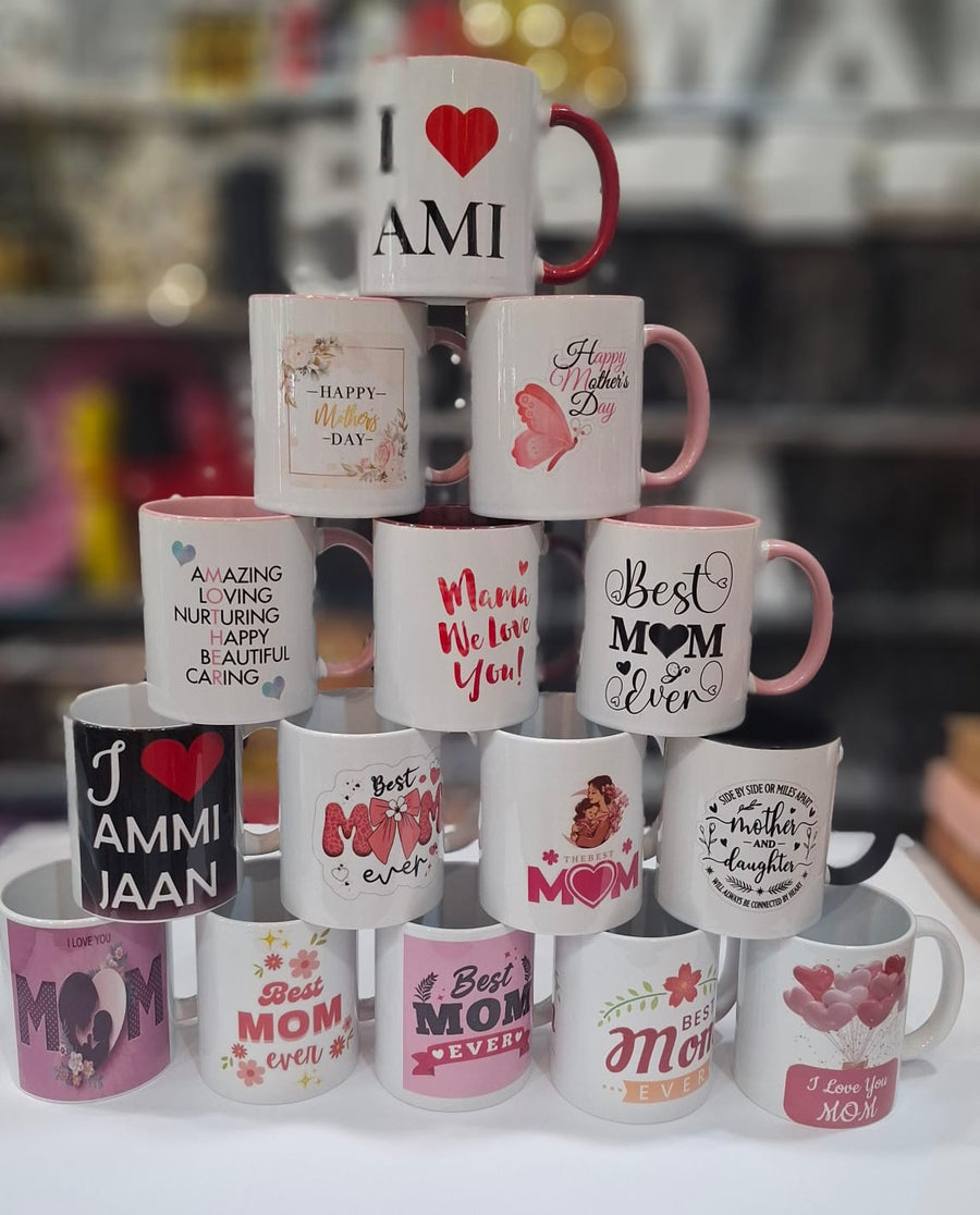 Mother’s Day customized printed mugs with I Love Ammi, Best Mom Ever, and Happy Mother’s Day designs