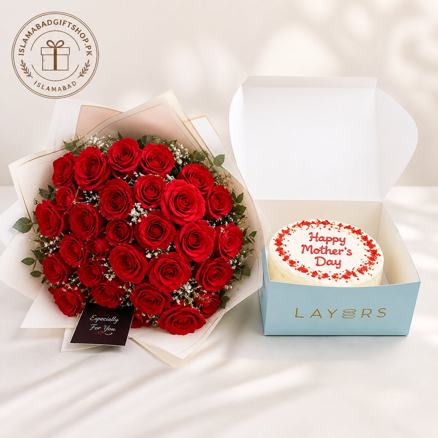 Mother’s Day gift set with red roses bouquet, open cake box, Happy Mother’s Day cake.