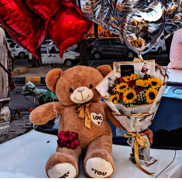 Teddy & Sunshine: Sunflower Bouquet & Heart Balloons