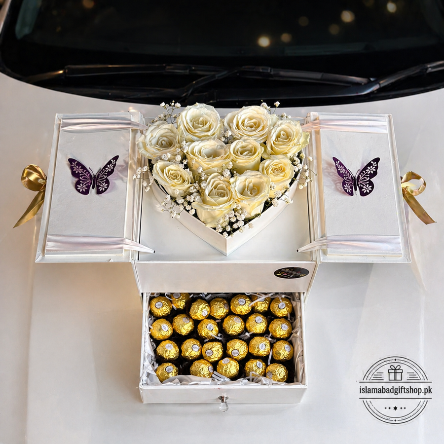 Luxury white rose heart gift box with Ferrero Rocher-style chocolates, butterfly decorations.