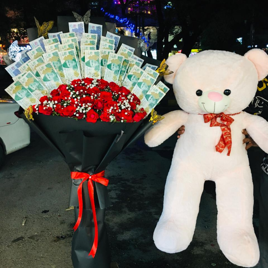 20K Cash with Roses Bouquet & 3 Feet Teddy Bear – Luxury Surprise Gift