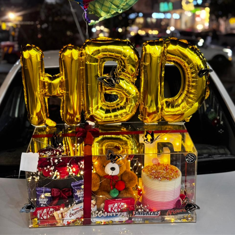 Luxury Customised Acrylic Flower Box with Teddy, Imported Chocolates & HBD Balloon Letters