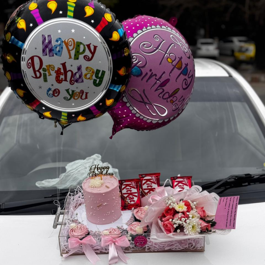 Luxury Customised Acrylic Tray with Cake, Flower Bouquet & Helium Balloons for Her