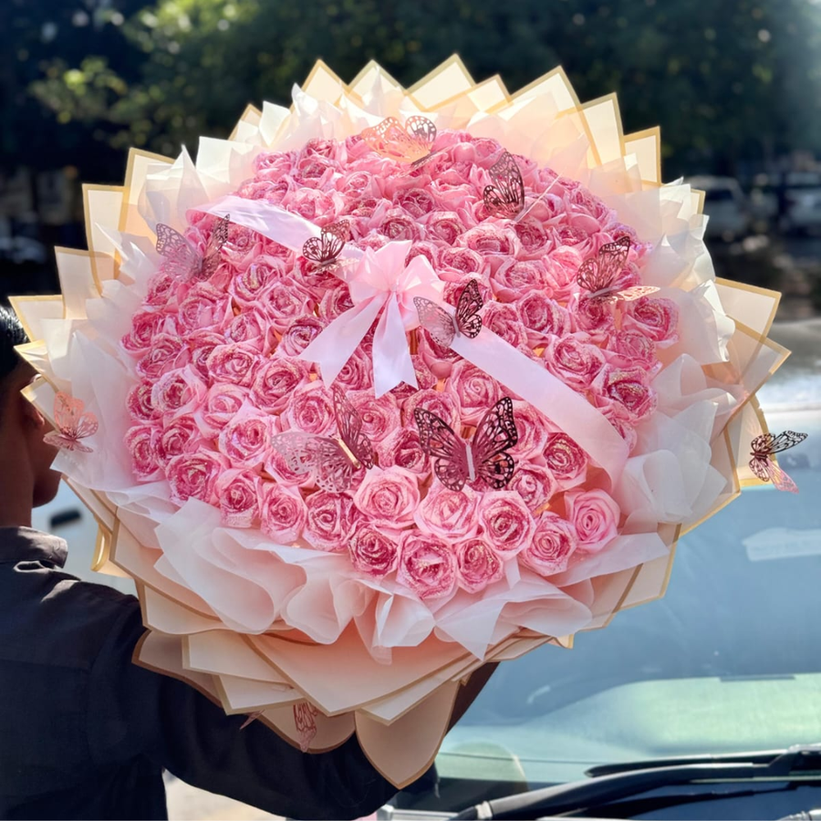 Luxury Pink Rose Bouquet with Butterflies