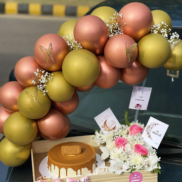 Eid Mubarak Luxury Basket β Cake, Imported Flowers & Balloons