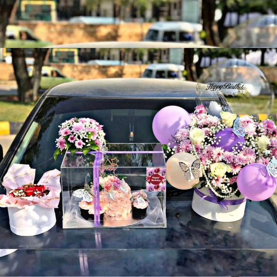 Eid Mubarak Deal for Bhabi – Acrylic Box with Cake, Cupcakes, Flowers & Balloons