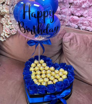 Elegant Heart Box with Ferrero Rochers & Fresh Blue Roses Customized Baloon for Him