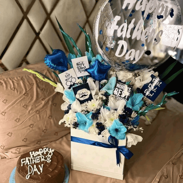 Gladiolus & Chocolate Box with Cake & Custom Balloon