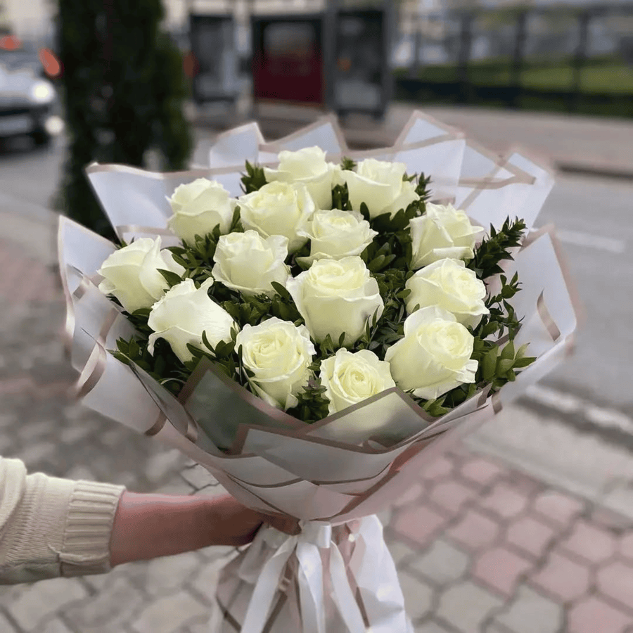 “Pure Respect” – White Imported Rose Bouquet