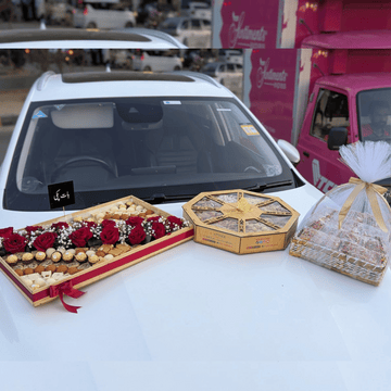 “Royal Treat Trio” – Mithai Tray, Chocolate & Dry Fruit Baskets with Floral Touch
