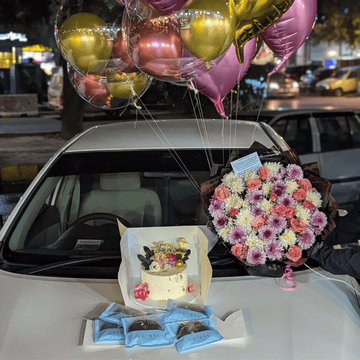 "Luxe Combo” – Premium Flowers Bouquet,Customized Cake,Cookies &Helium Balloons