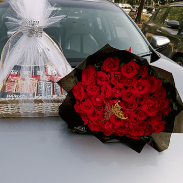 Fresh Red Roses Bouquet with Chocolates Basket– Treat Her Specially