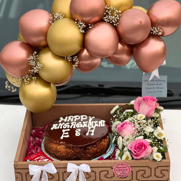 Sparkling Celebration GiftBasket with Cake,Imported Flowers & Balloons for Her
