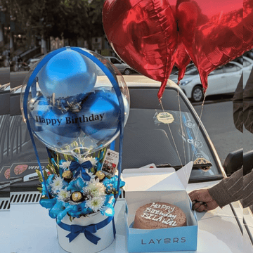 Blue Theme Balloon Box with Flowers, Cake & Heart Balloons