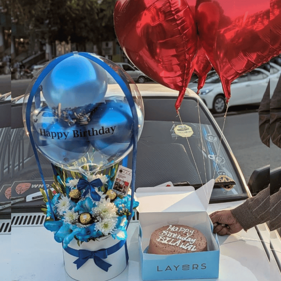 Blue Theme Balloon Box with Flowers, Cake & Heart Balloons