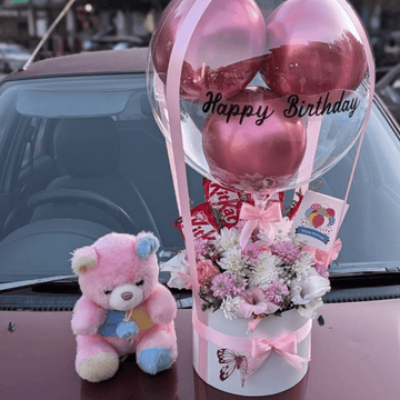 Imported Flowers & Kit Kat Balloon Box with Mini Teddy