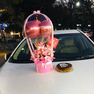 Pink Gladiolus & Ferrero Gift Box with Cake & Balloons