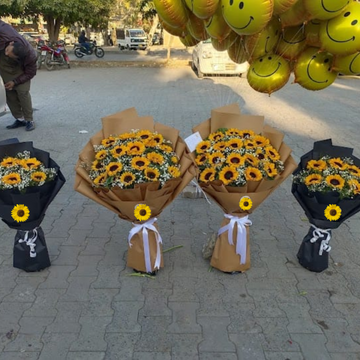 Premium Sunflower & Baby’s Breath Bouquet with Smiley Balloons