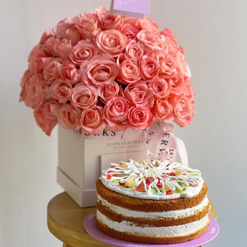 Elegant White & Pink Rose Box with Fruit Cake – A Perfect Gift of Love & Sweetness