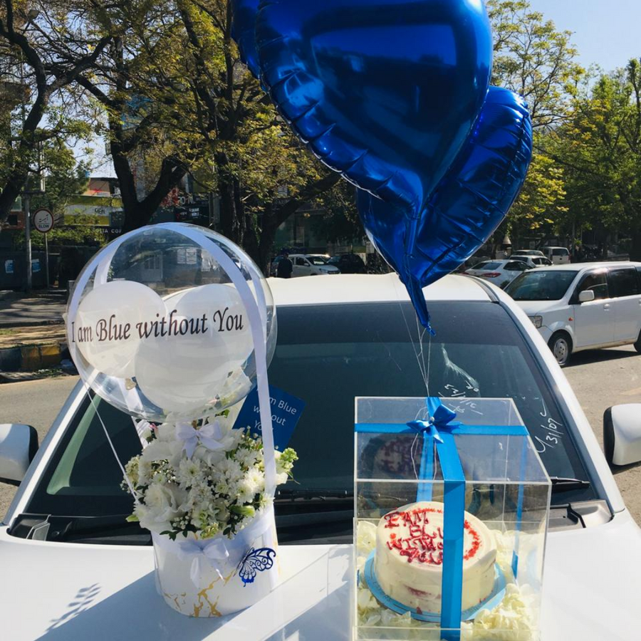 "I Am Blue Without You" – Acrylic Box with Cake & Blue Heart Balloons