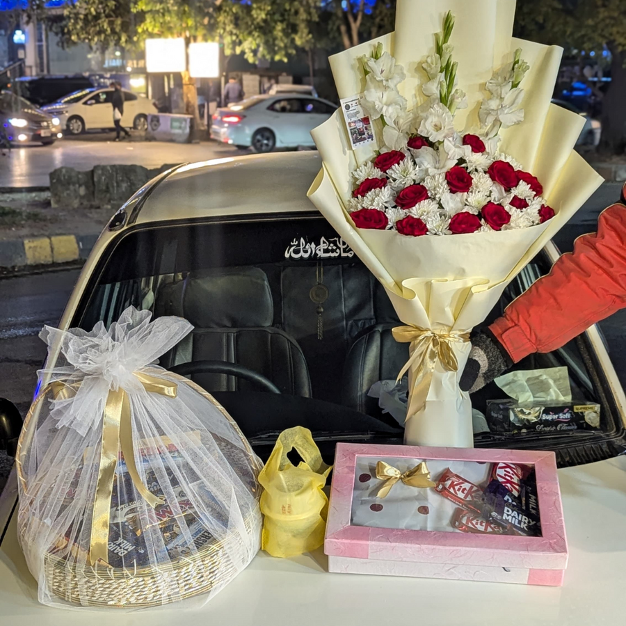 Ultimate Gift Set – Chocolate Basket, Flower Bouquet, Juice & Perfect Suit