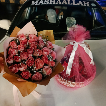 Special Deal – Pink Roses Bouquet & Chocolate Basket