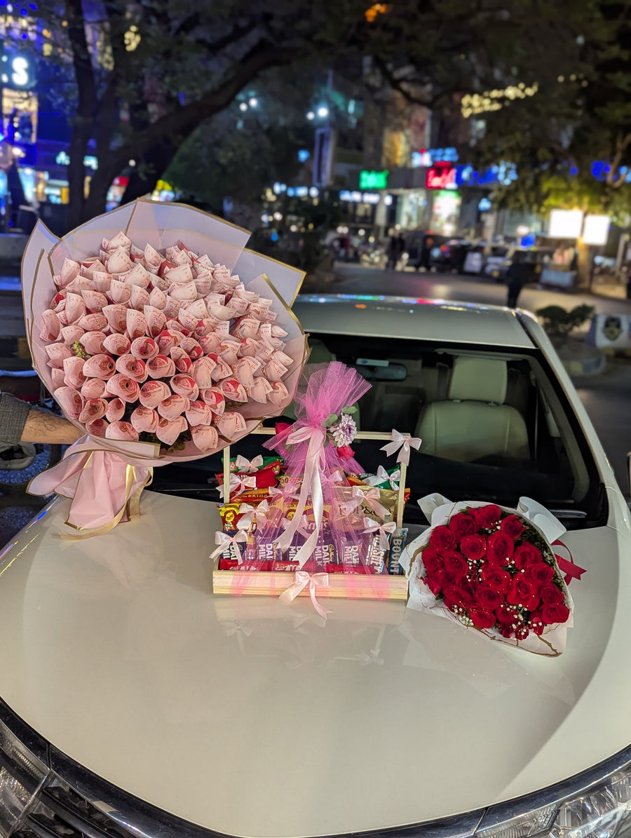 Money Bouquet , Chocolate basket & Roses