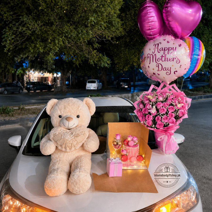 Luxury Mother’s Day gift set with cream teddy bear, pink rose bouquet, Happy Mother’s Day balloons, and LED-lit cake box