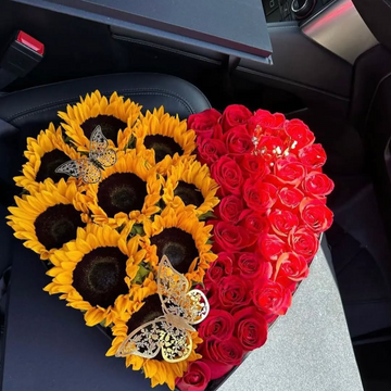 Radiant Love: Sunflower & Rose Heart Arrangement