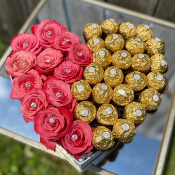 Gentle Love: Pink Roses & Ferrero Rocher in White Heart Shape