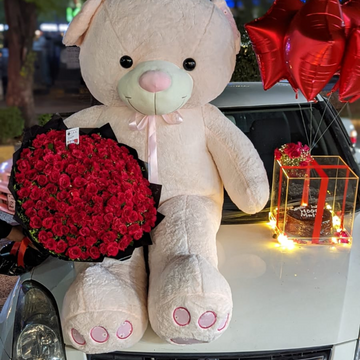 Our Best Selling Giftdeal|Premium Thai Stuff 6ft TeddyBear,Fresh Red Roses Bouquet,Cake in A Acrylic Box Fairylights Helium Balloons