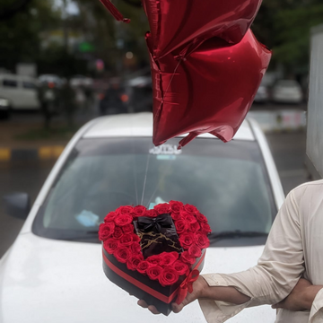 Love in a Box: Red Roses, Perfume & Balloons