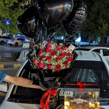 Love in Black & Red: Roses, Cake & Balloons