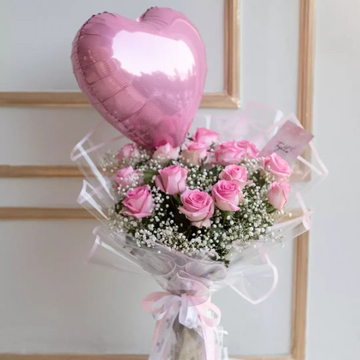 Elegant Pink Imported Flower Bouquet with Heart Balloon