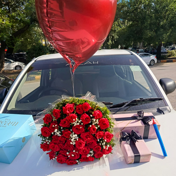 Love Wrapped in Red Roses & Heart Balloon