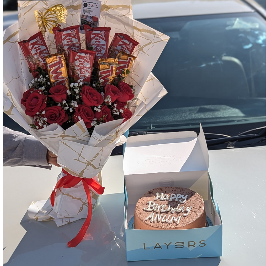 Kitkat Twix Bouquet💐With Fresh Flowers🌹 & Cake🎂