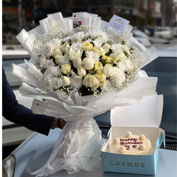 Happy Birthday My Love: Cake & Elegant White Bouquet