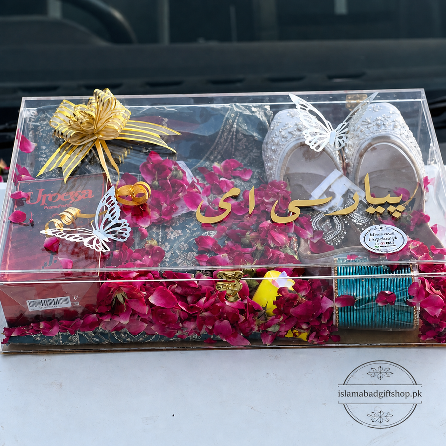 Mother’s Day Pyari Ammi acrylic gift box with fancy khussa, bangles, rose petals, gold ribbon, butterflies.