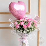 Pink Roses Bouquet with Heart Balloon