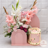 Elegant Pink Floral Cake Arrangement with Fresh Flowers & Premium Gift Display
