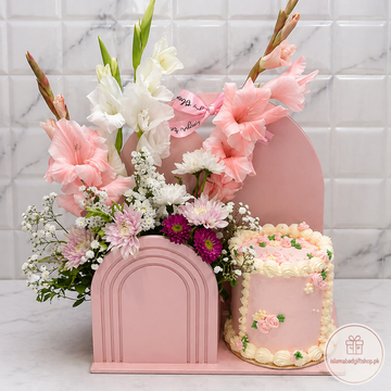 Elegant Pink Floral Cake Arrangement with Fresh Flowers & Premium Gift Display