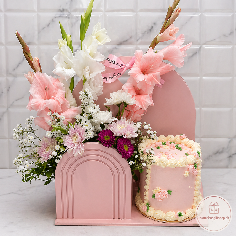 Elegant Pink Floral Cake Arrangement with Fresh Flowers & Premium Gift Display