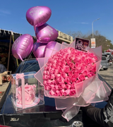 100 Imported Pink Roses Bouquet & Customised Cake