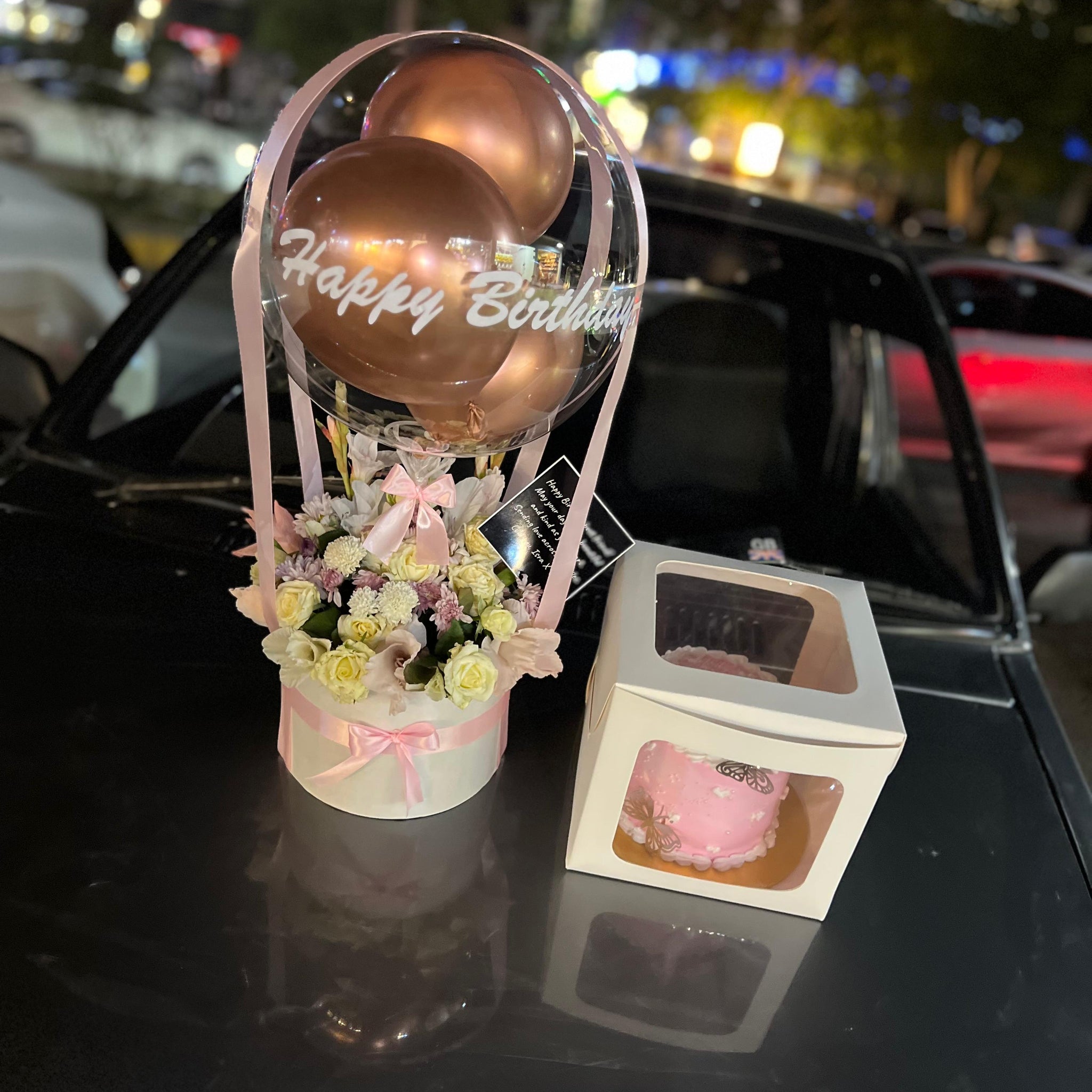 Fresh Flowers Baloons GiftBox along with Customized 2lbs Cake 🎂 for Her Birthday