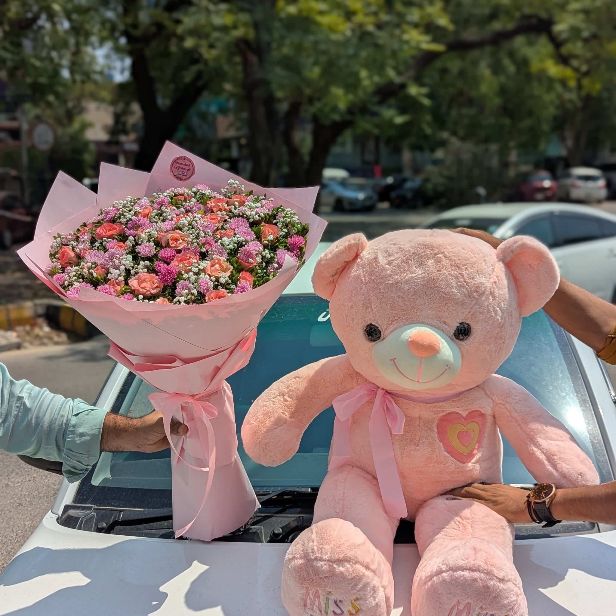 Pink Flowers Bouquet &3feet pink Teddy Bear Gift for Her