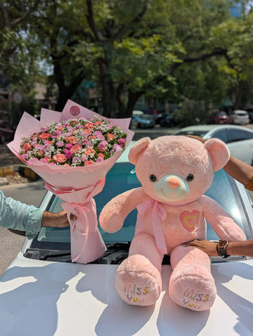 Pink Flowers Bouquet &3feet pink Teddy Bear Gift for Her