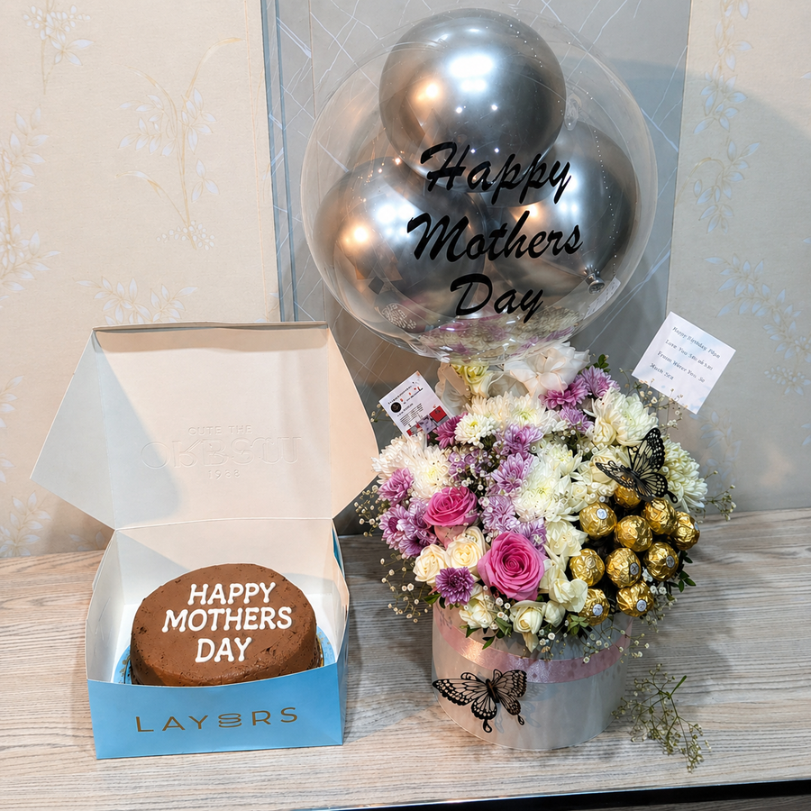 Mother’s Day cake, flower bouquet, balloon, and chocolate gift hamper