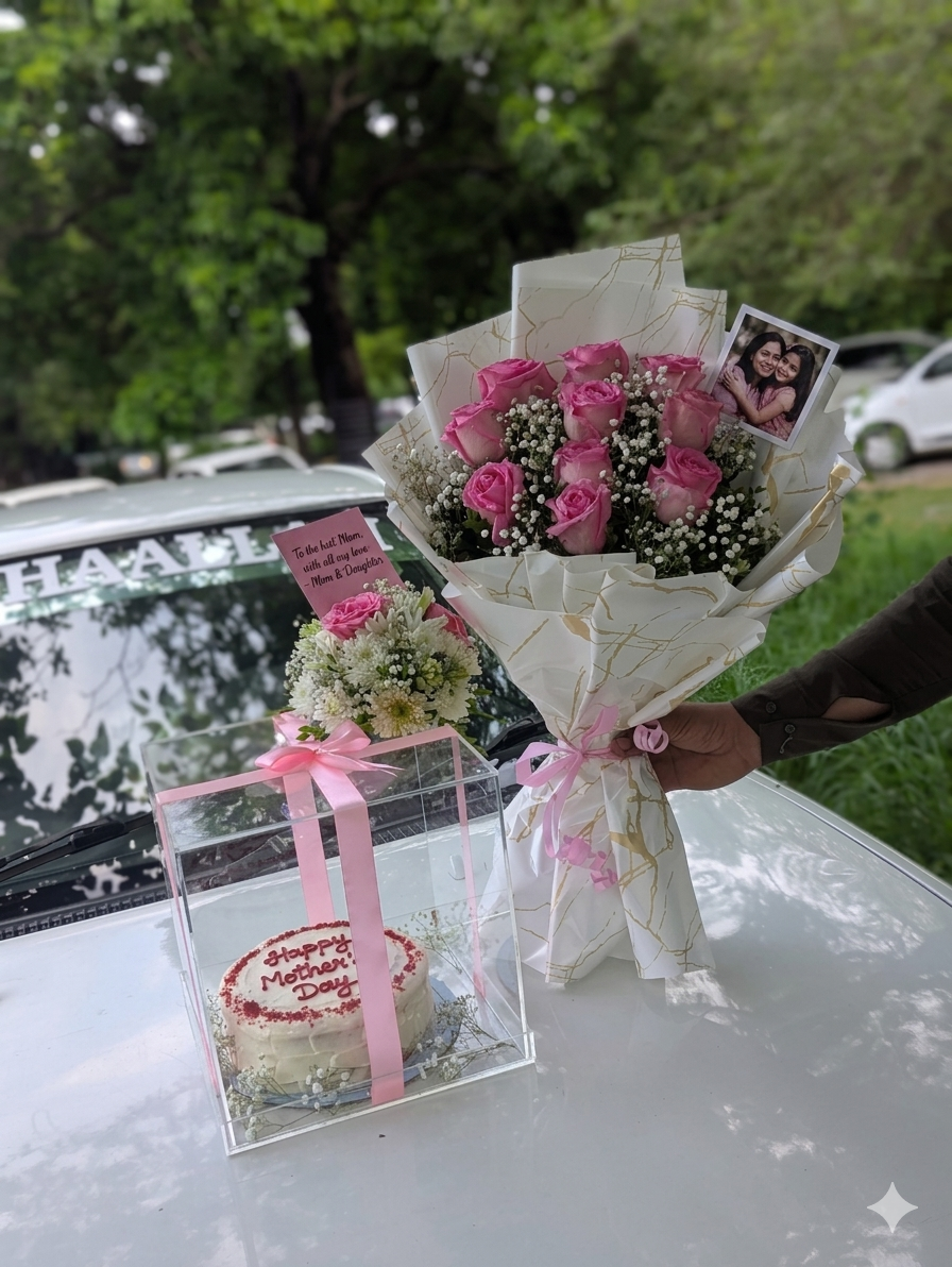 A person holding a large pink rose bouquet next to a white car, featuring an acrylic box with a "Happy Mother's Day" cake and a mother-daughter photo card.