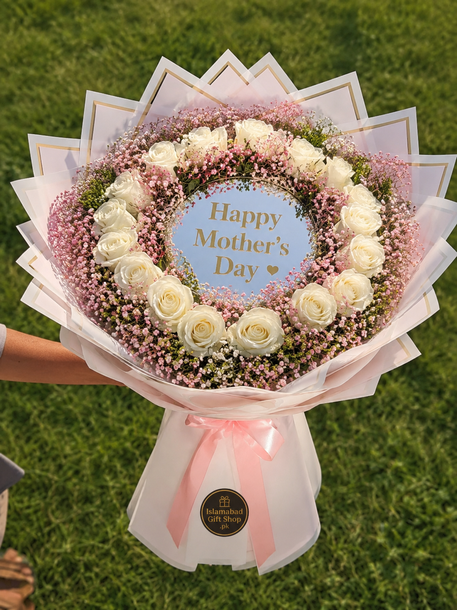 Happy Mother’s Day mirror flower bouquet with white roses, pink baby’s breath, luxury pink wrapping.